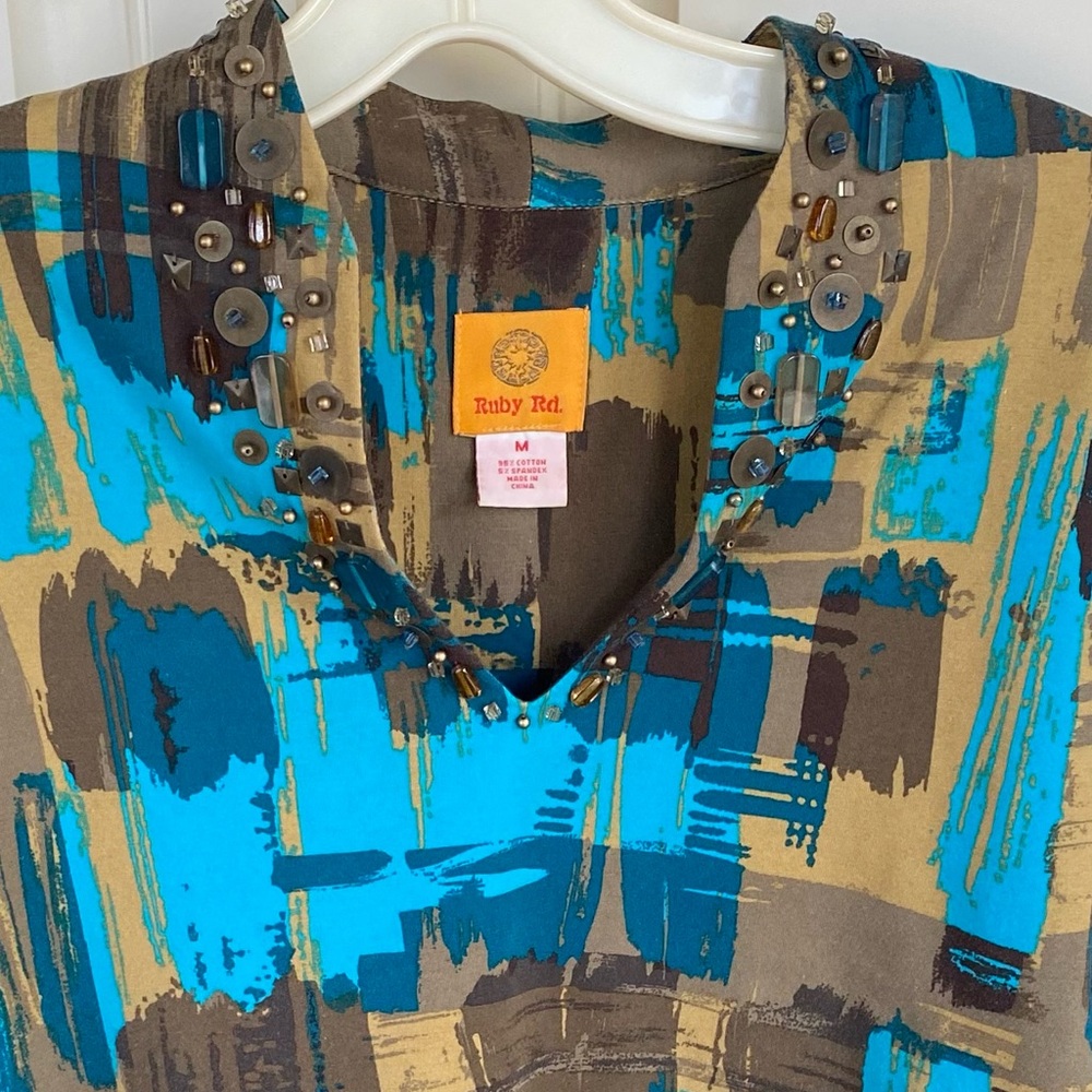 Ruby Rd. Blue and Brown Abstract Blouse - Picture 2 of 8